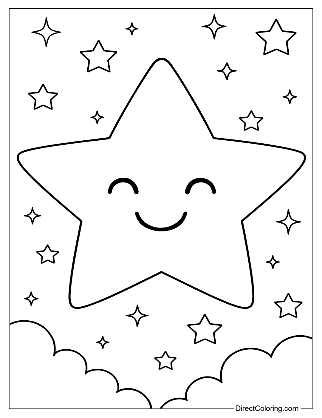A big smiling star coloring page, surrounded by many small sparkling stars
